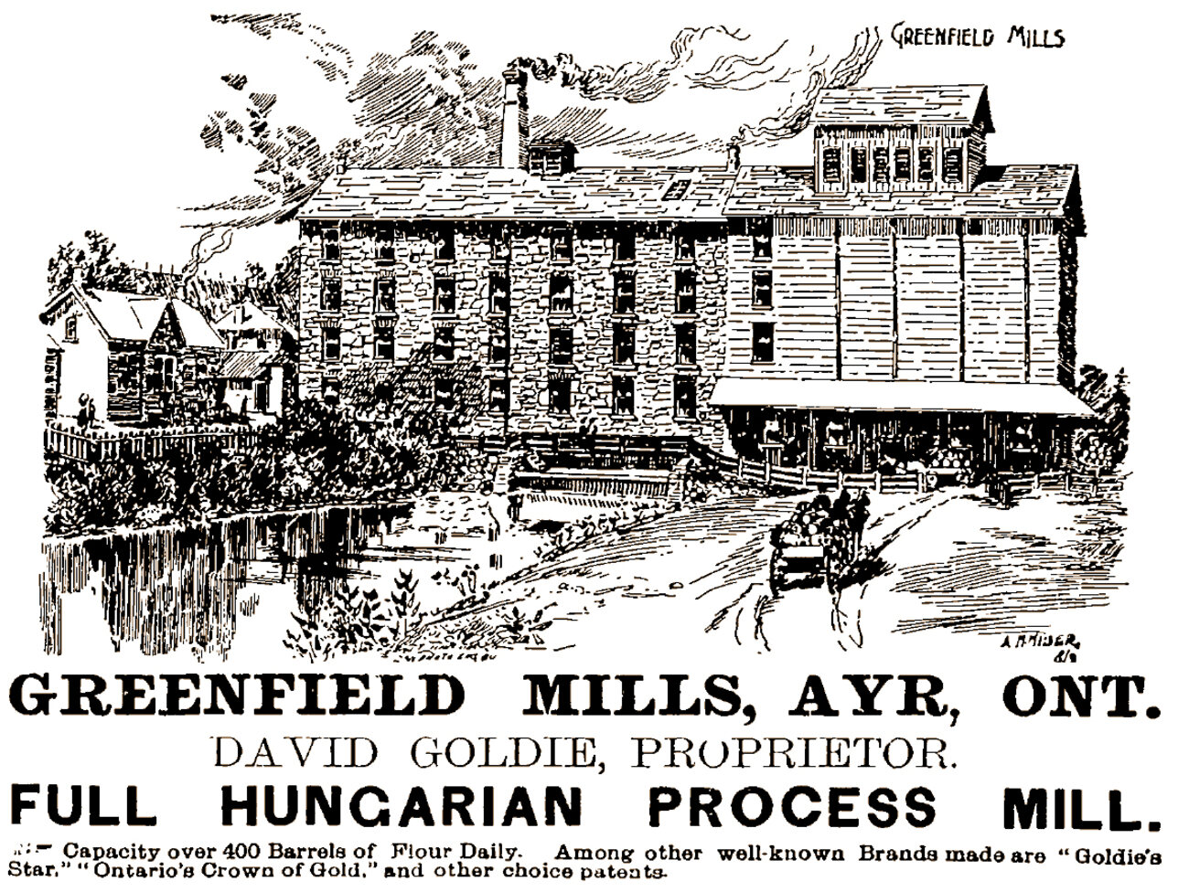 An 1889 sketch of Greenfield Mills
