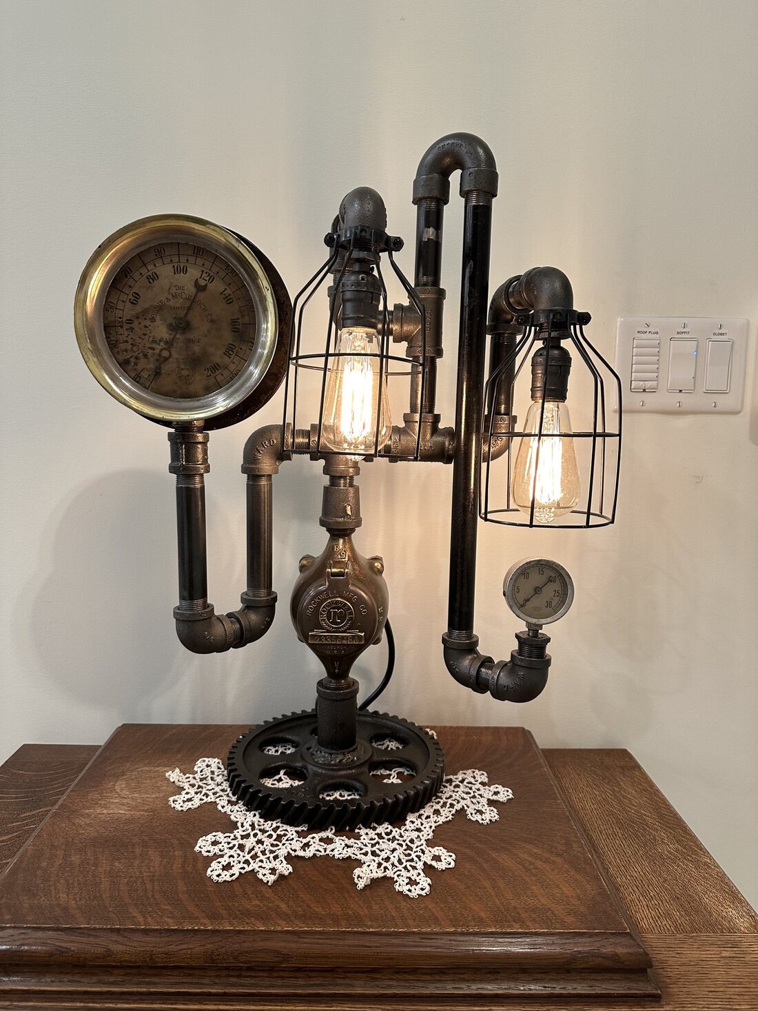 The full steampunk gauge lamp built from salvaged industrial parts