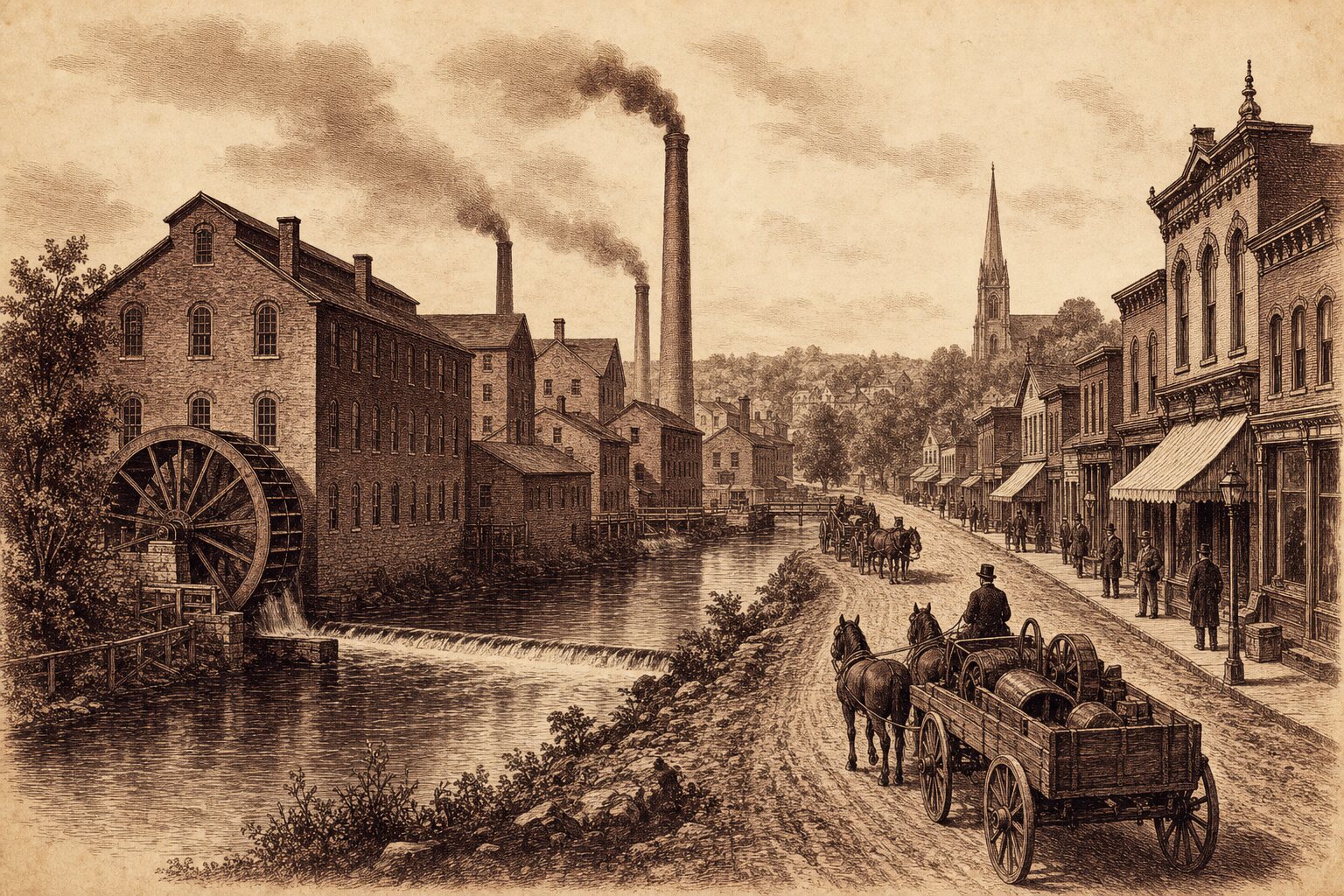 A period-style engraving of a mid-19th-century Waterloo County industrial town: a water-powered mill and foundry buildings along a river, smokestacks, and horse-drawn wagons on a main street