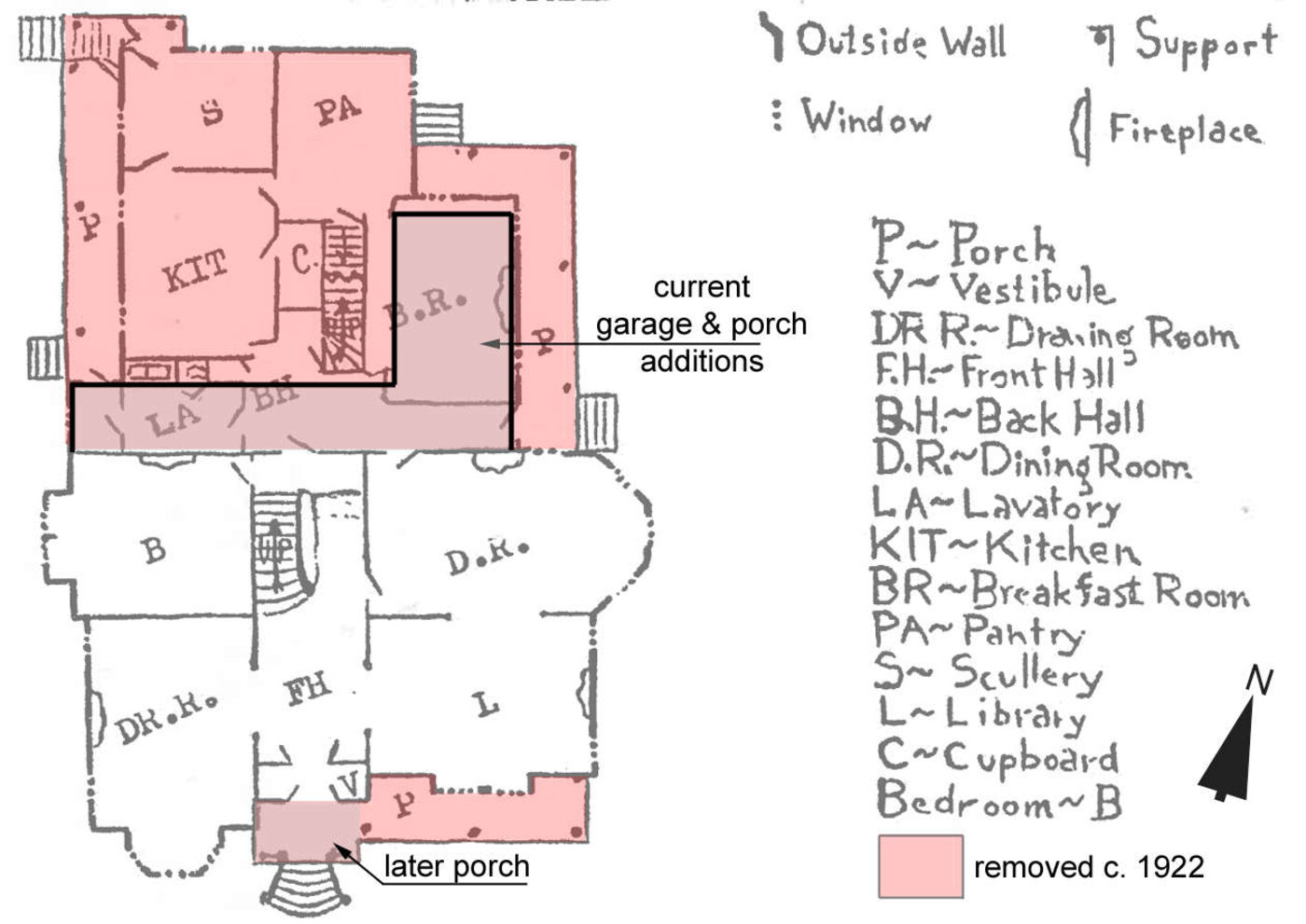 Annotated 1884 ground-floor plan of The Gore showing the rooms and the portions removed circa 1922